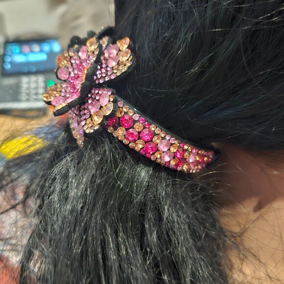Crystal Flower Ponytail, Bun Claw - Shades of Pink & Gold - 804 Crystals - Picture 7 of 12